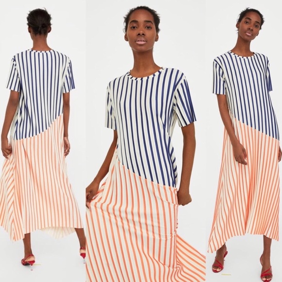 Zara Dresses & Skirts - ZARA striped blue/orange midi dress